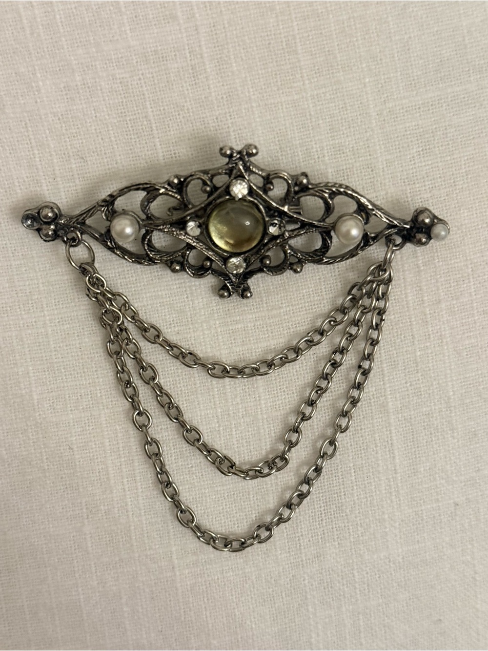 Vtg 1980s Victorian Revival Silver Filigree Brooch Pin Triple Swag Dangle Chain - Picture 3 of 10